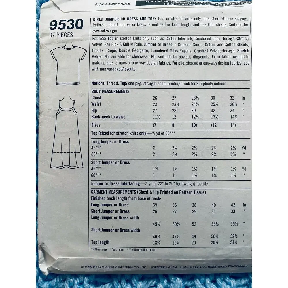 Simplicity sewing pattern 9530 girls jumper top Size 7 8 10